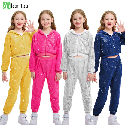 LOlanta 2Pcs Girls Sequin Hooded Jacket & Pants Set Kids Hip Hop Dance Clothing Theme Party Outfits for 5-12 Years