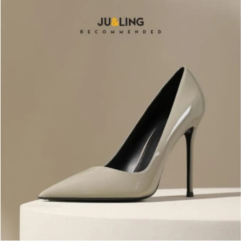 Pointed-toe High Heels Women's New Gray Temperament with Skirt Stiletto Heel Professional Commuting Patent Leather Pumps