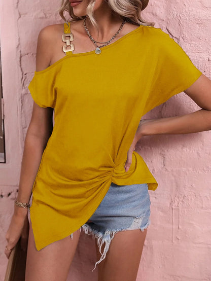 Blusas Para Mujer Summer One Off Shoulder Tops Women Sexy Asymmetrical Solid Color Short Sleeved T-Shirt Chemises Et Blouses