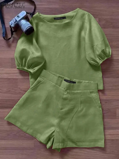 2024 ZANZEA Summer Short Sets Women Vintage Short Sleeve Blouse Pants Suits Fashion Tracksuit Two Piece Sets Womens Outifits