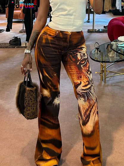 Weird Puss Tiger Print Flare Pants Women 2023 Y2K Summer Trend Skinny Elastic Wild Casual Streetwear Basic High Waist Trousers