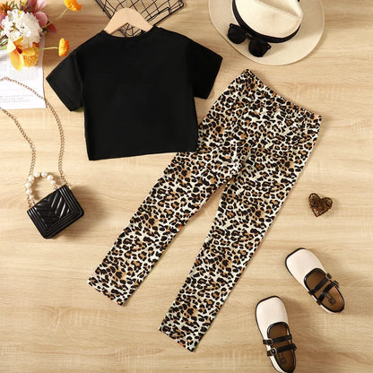 PatPat 2pcs Kid Girl Leopard Print Twist Short-sleeve Tee and Pants Set Leopard grain  Full print Suitable for Autumn Season