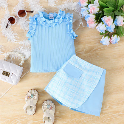 2PCS Summer 0-4 Years Old Baby Girl Baby Soft And Comfortable Simple Beautiful Multi-Colored Lace Vest + Plaid Culottes