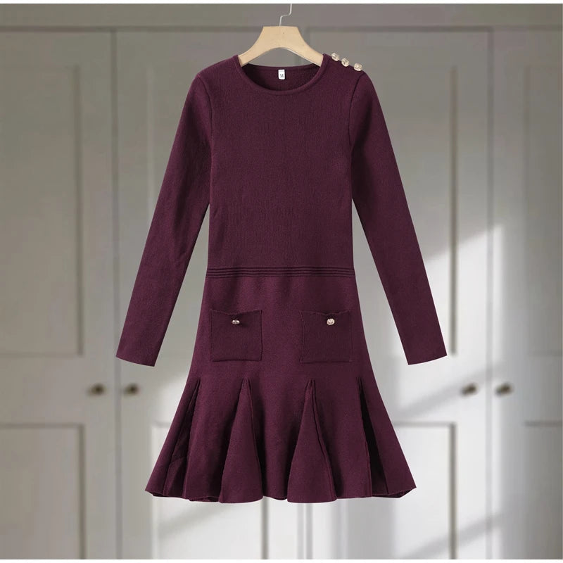 Elegant Solid Knit Dresses Women O Neck Full Sleeve A Line Pleated Button Dress Women 2024 Spring Fashion Casual  Lady Vestidos