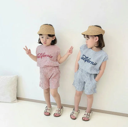 Summer Kids Tracksuit Children Letter Print Striped Short Sleeve T-shirt+Shorts 2pcs Kid Casual Tops Suit Infant Cotton Tees Set