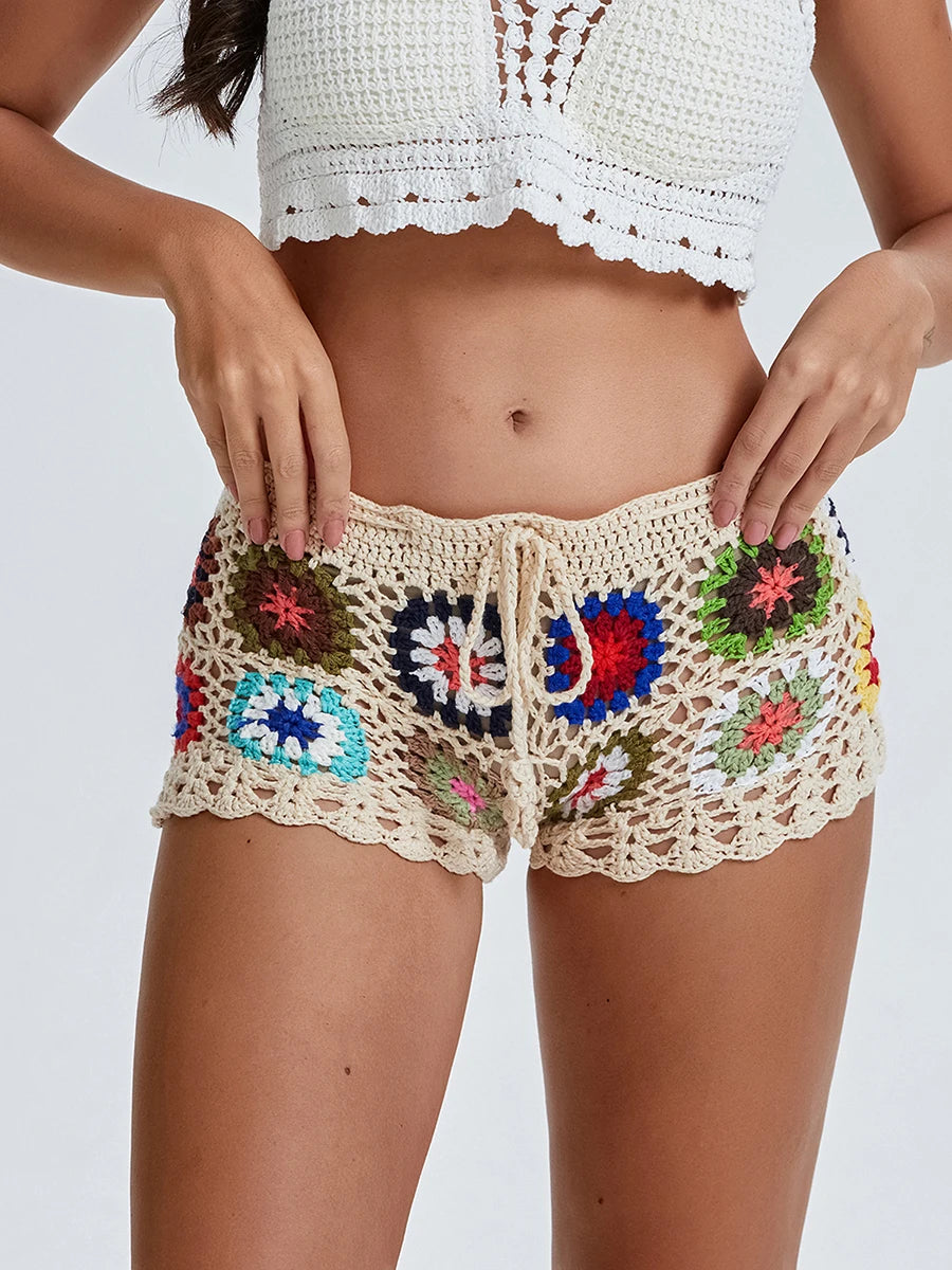 wsevypo Hollow Out Knit Crochet Shorts Women's Boho Summer Low Rise Drawstring Geometrical Floral Shorts Beach Cover-ups Bottoms