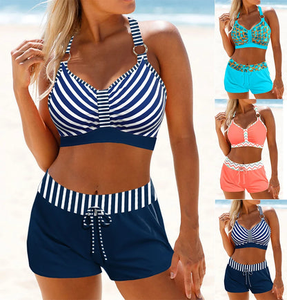 New Summer Women's Blue and White Striped Printed Tank Top and Shorts Two-piece Swimsuit Lace Up Sexy Beach Set S-6XL