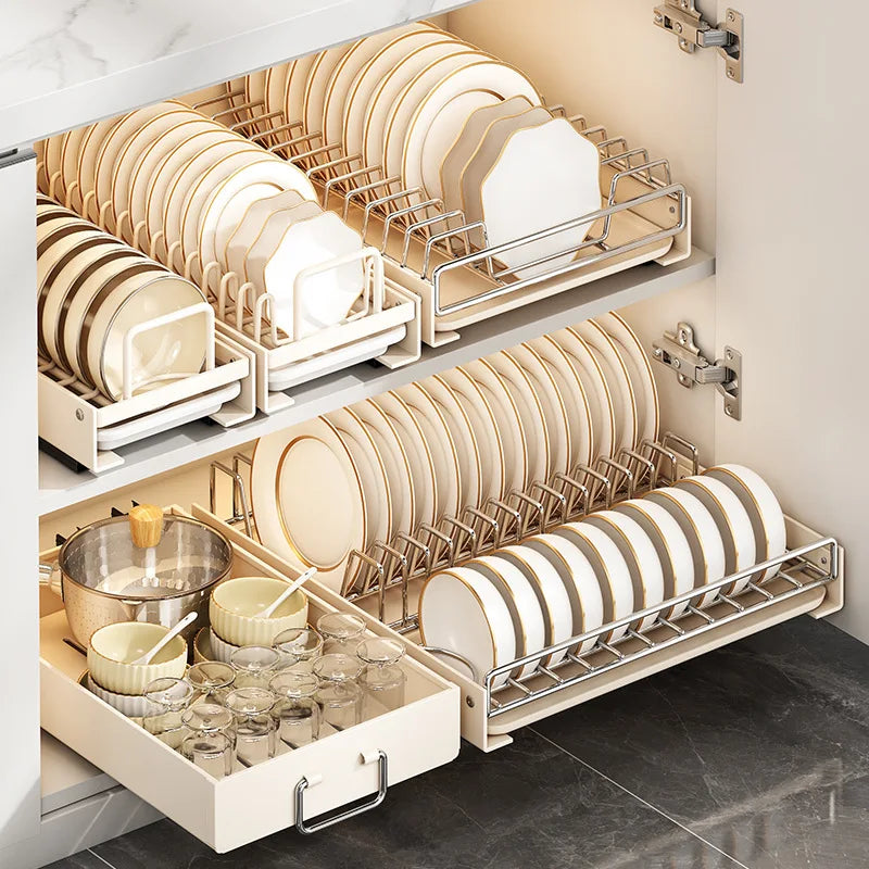 Pull Out Dish Racks Stainless Steel Bowl Storage Rack Cabinet Organizer Under Sink Pull-out Basket Drawer-type Plate Drain Rack