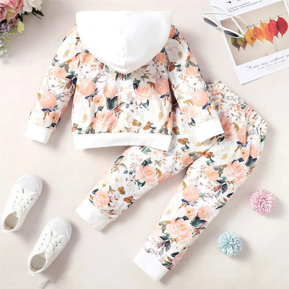 1-5 Years Kids Girl 2PCS Clothes Set Flower Print Hoodie Long Sleeve Top+Pant Autumn& Winter Warm Outfit for Girl Daily Wear