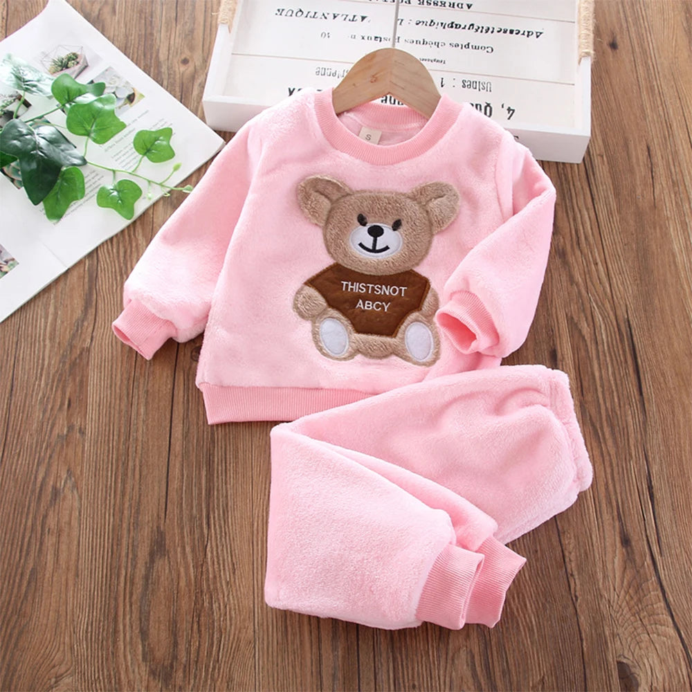 Bear Leader Girls Sets Winter Flannel Homewear Set Long-sleeved Bear Patch Cloth Hoodie Pants Autumn and Winter Warm Boy 2pc Set