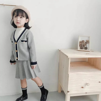 Fall Girls Fashion College Style Set Little Girls Casual Cardigan Knitwear + Skirt Toddler Clothing Spring Kids Cotton Sweater