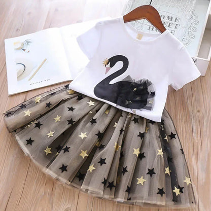 Kid Girl Clothes Cartoon Swan Lace T-shirt+Star Tulle Skirt 2Pcs Set Baby Outfit Casual Girls' Suit Fashion Two-Piece