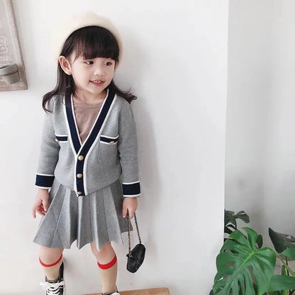 Fall Girls Fashion College Style Set Little Girls Casual Cardigan Knitwear + Skirt Toddler Clothing Spring Kids Cotton Sweater