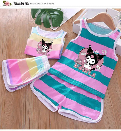 Summer Baby Kids Clothes Sets Cute Kuromi Cartoon Girls and Boys Vest and Shorts 2pieces Sanrio Children's Outfits Beach Clothes