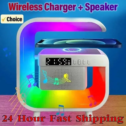 Wireless Charger Stand Pad Desktop Lamp Night Light Alarm Clock Bluetooth Speaker Fast Charging Station Dock For iPhone Samsung