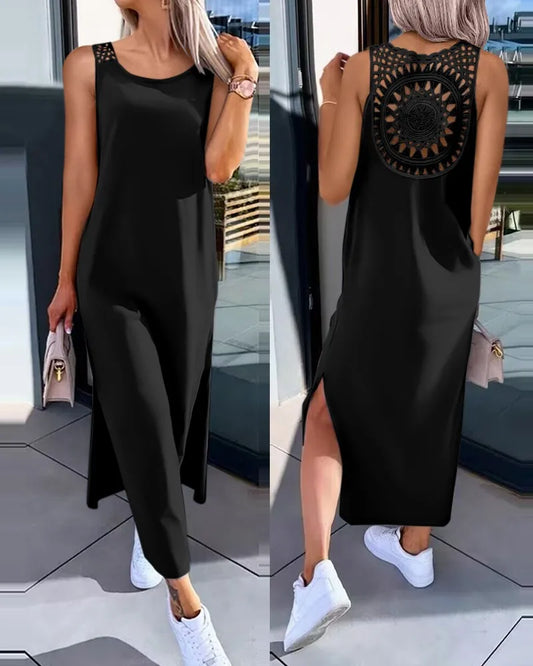 Hollow Out Solid Long Dress Women Fashion Sleeveless O-neck Maxi Dresses For Women 2024 Summer Women's Slim Split Vestidos Black