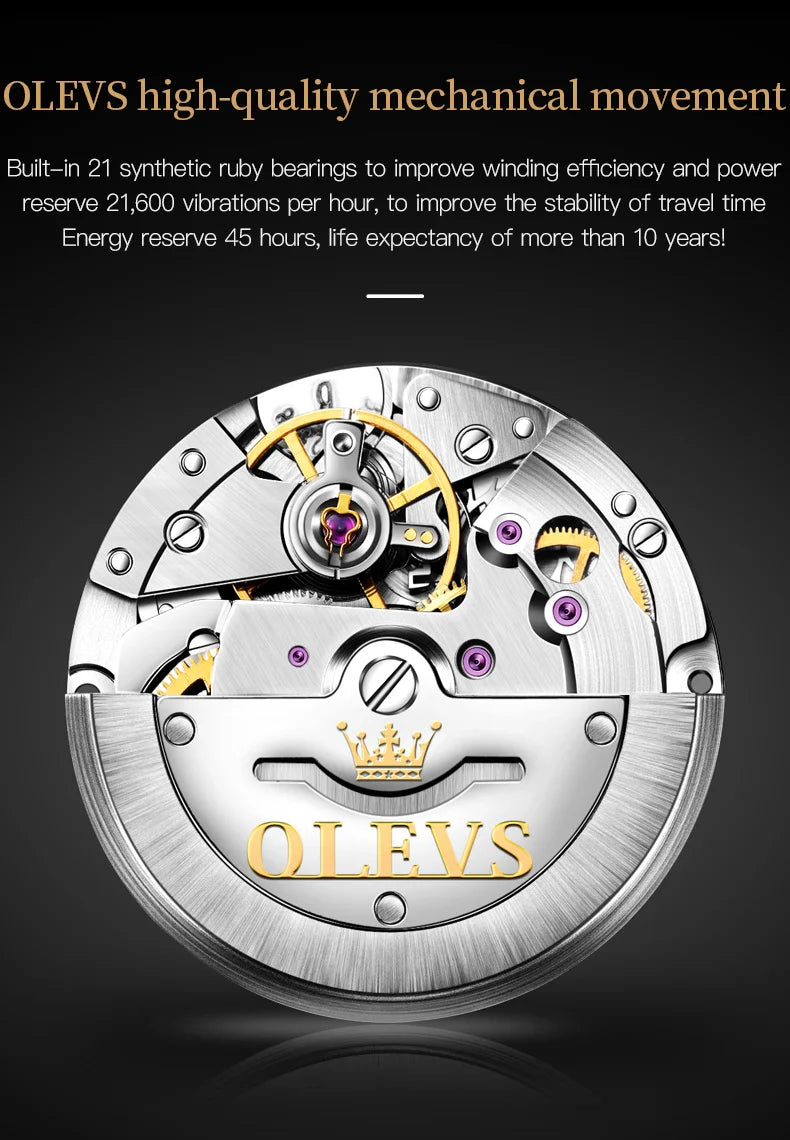 OLEVS Top Brand Luxury Watch for Men Automatic Movement Mechanical Male Wristwatch Waterproof Stainless Steel Men's Watches