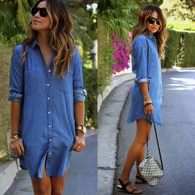 Womens Blue Denim Shirt Long Sleeve Casual Loose Shirt Mini Jeans Dress Turn Down Casual Buttons Jean Dresses Summer Skirts