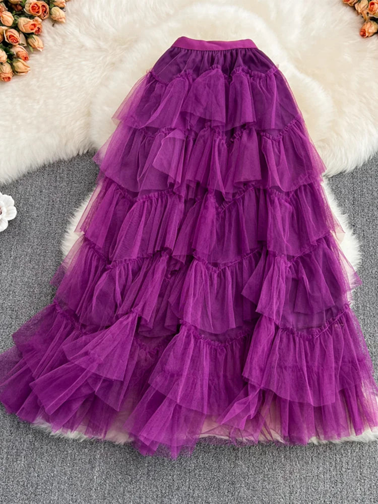 TIGENA Tutu Tulle Long Skirts Womens 2023 Autumn Korean Solid A Line High Waist Mesh Tiered Maxi Skirt Female Faldas Aesthetic