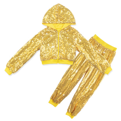 LOlanta 2Pcs Girls Sequin Hooded Jacket & Pants Set Kids Hip Hop Dance Clothing Theme Party Outfits for 5-12 Years