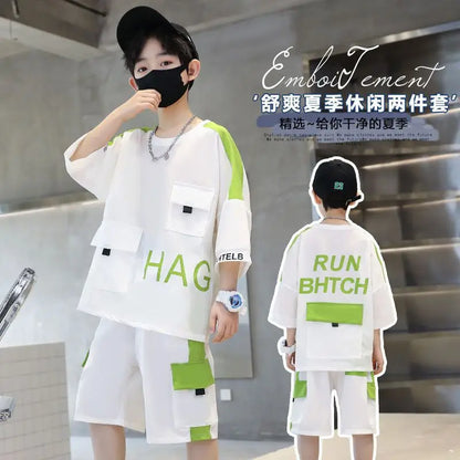 Children Boys Clothes Summer Patchwork T-Shirt & Contrast Colors Shorts 2 Pieces Set Teenage Boy Street Wear Letter Tracksuit