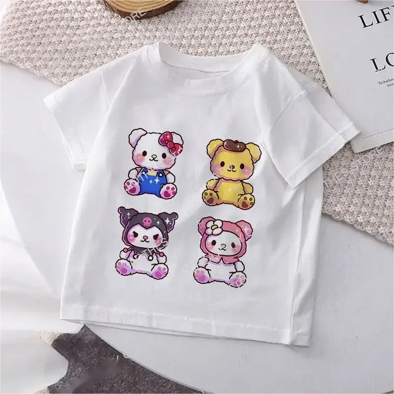 Hello Kitty Children's T-shirt Y2k Cotton Sanrio Kuromi Melody Anime Tee Shirts Cartoons Kid Girl Boy Streetwear Casual Clothes