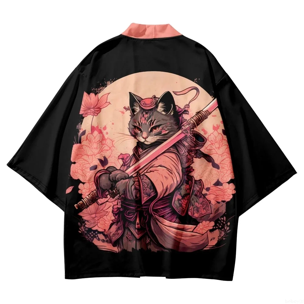 Japanese Cat Print Haori Kimonos Yukata Samurai Men Women Kimono Traditional Asian Clothes Harajuku Cardigan Shirt