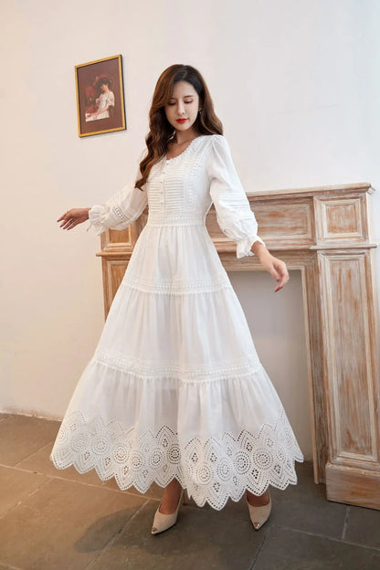 GypsyLady White Elegant Chic Maxi Dresse Tiered Lace Summer Women Dress Hollow Out Holiday Sexy Casual Ladies Dress Vestido