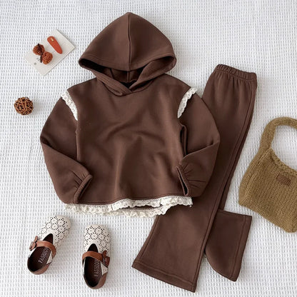 2024 Autumn New Children's Suit Coffee Colored Hooded Lace Patchwork Hoodie+Long Pants 2-piece Set Minimalist Girls Clothes