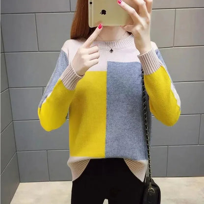 2023 New Autumn Winter Women Patchwork Knitted Warm Sweater O-Neck Long Sleeve Sweet Pullovers Loose Casual Jumper Pull