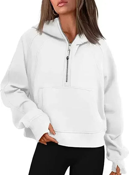 Autumn/winter Womens Sport Half Zip Hoodie Sweatshirt Loose Cropped Fleece Hoodies Women