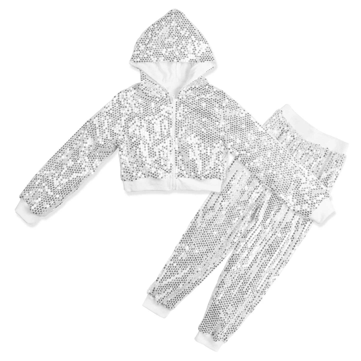 LOlanta 2Pcs Girls Sequin Hooded Jacket & Pants Set Kids Hip Hop Dance Clothing Theme Party Outfits for 5-12 Years