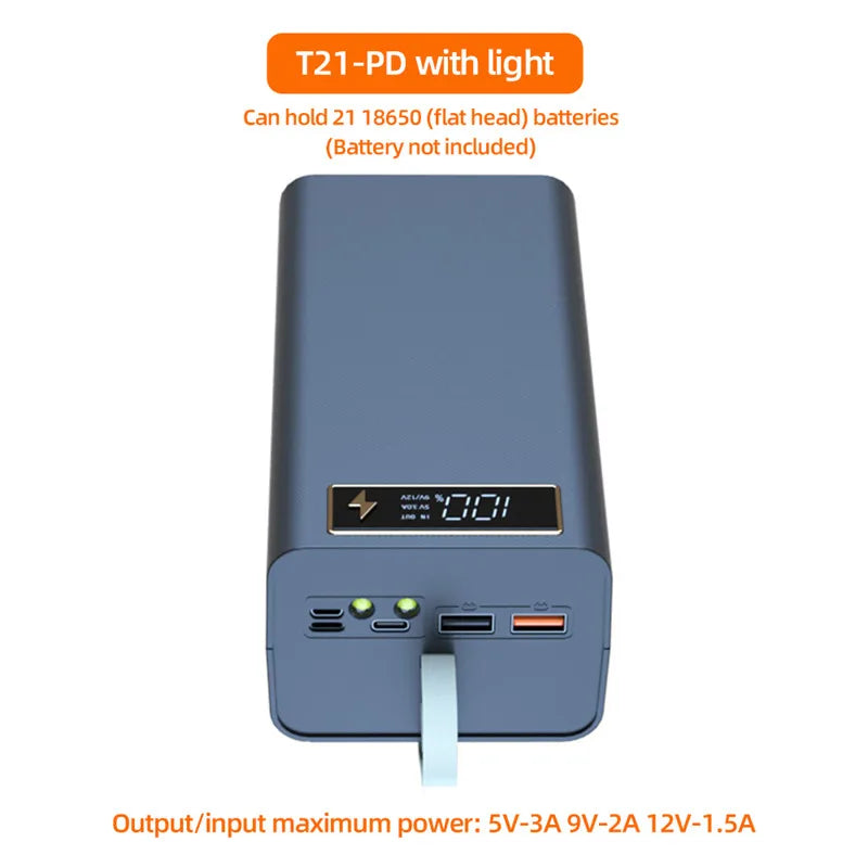 T21 Battery Storage Box 21*18650 with Flashlight Power Bank Case Battery Holder Box Dual USB 18650 Battery DIY Shell Storage