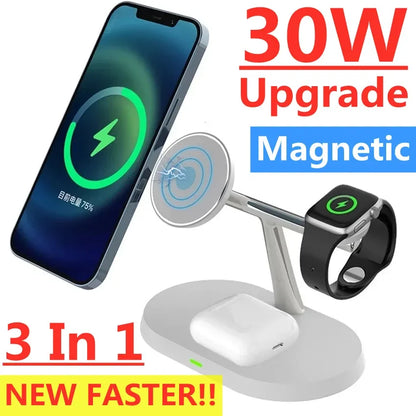 30W 3 In 1 Magnetic Wireless Charger Stand Fast Charging Dock Station for iPhone 15 14 13 12 Pro Max Apple Watch 8 7 Airpods Pro