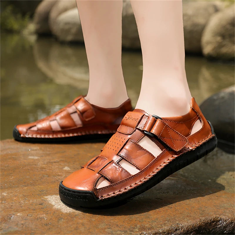 Men's Leather Sandals Non-slip Flat Shoes Walking Sandals Men's Beach Roman Sandal Fashion Soft Men's Sneakers Summer Outdoor