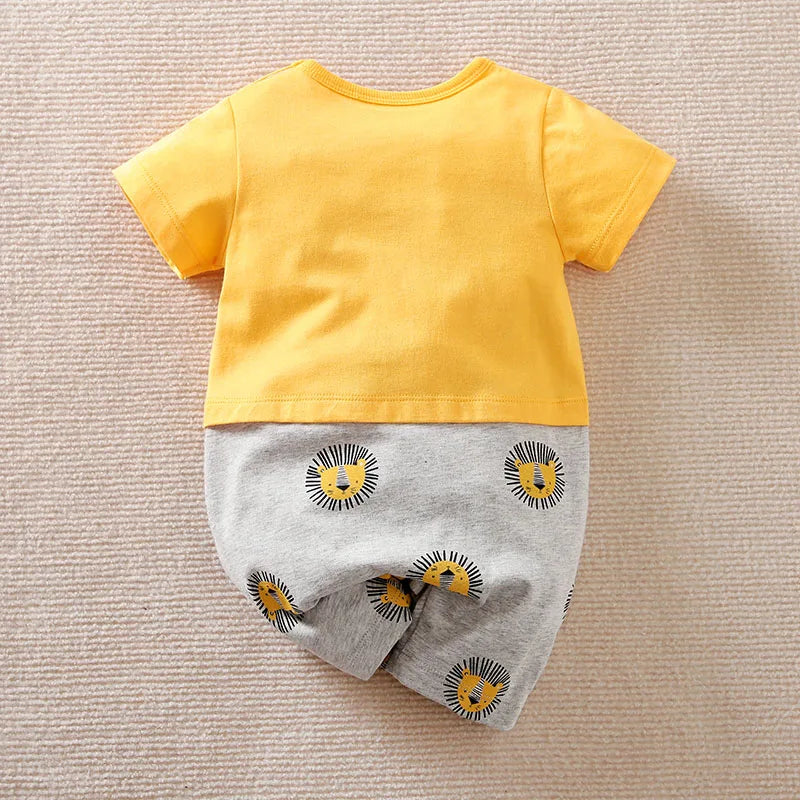 Baby Boy Girl Newborn Casual Solid Color Contrast Cute Lion Comfortable Cotton Short Sleeved Toddler Summer Jumpsuit