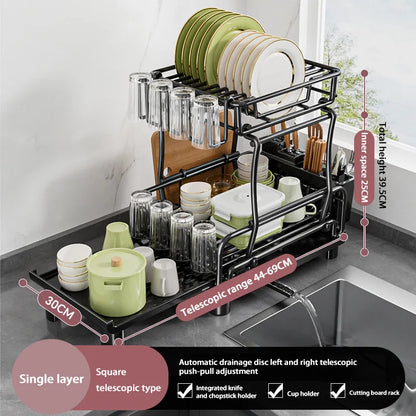 Dishes Drying Rack Adjustable Kitchen Bowl Plates Organizer With Drainboard Countertop Dinnerware Storage Shelf Sink Holder