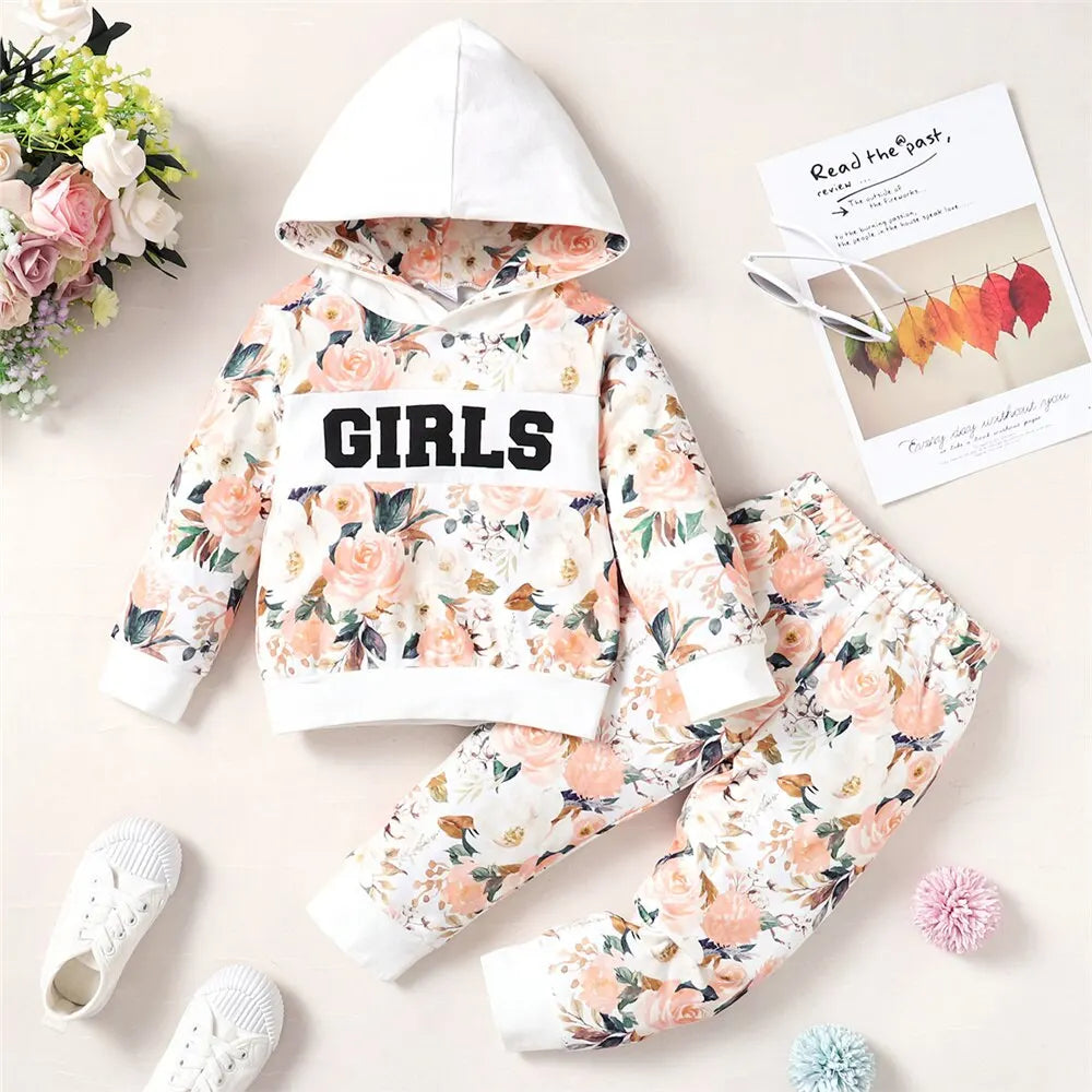 1-5 Years Kids Girl 2PCS Clothes Set Flower Print Hoodie Long Sleeve Top+Pant Autumn& Winter Warm Outfit for Girl Daily Wear