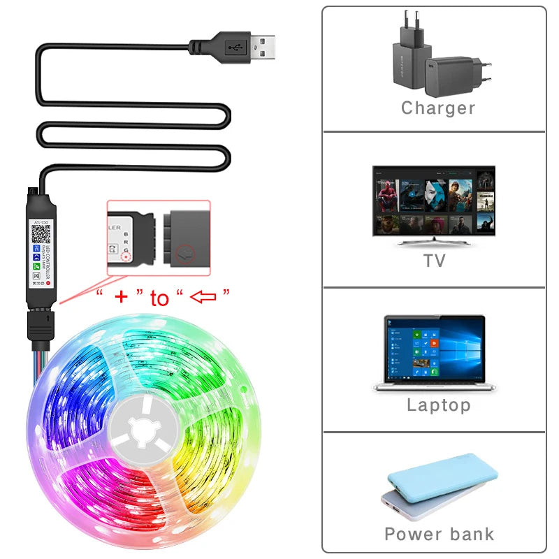 USB LED Strip Lights Bluetooth Control RGB Led Lights for TV Flexible Ribbon RGB LED Tape Self-adhesive TV Backlight