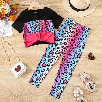 PatPat 2pcs Kid Girl Leopard Print Twist Short-sleeve Tee and Pants Set Leopard grain  Full print Suitable for Autumn Season