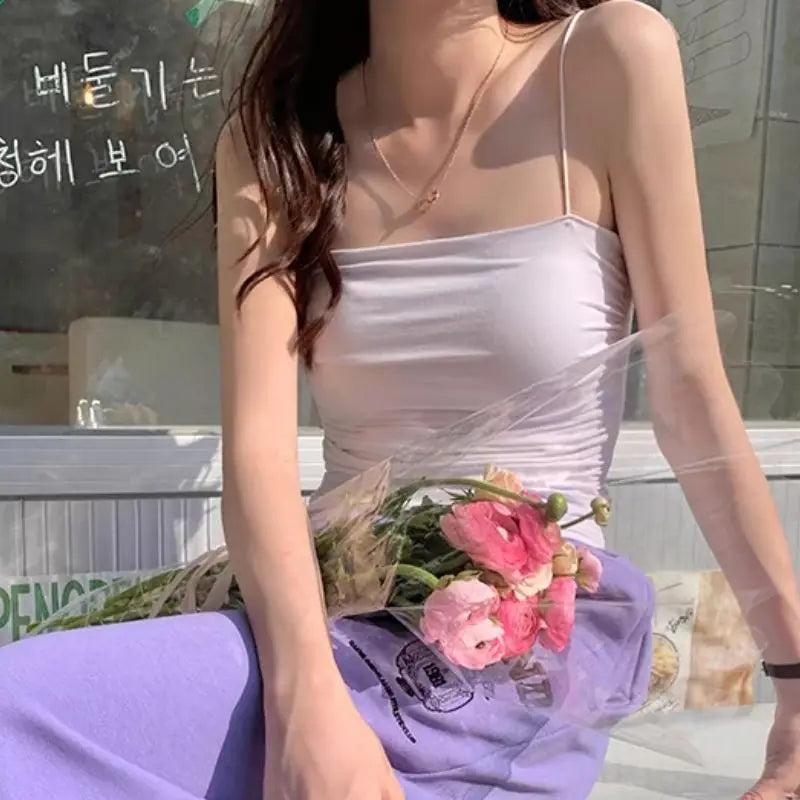 Women With Built In Bra Spaghetti Strap Tanks Summer Camis Tank Casual Tops For Woman Solid Color Female Korean Style Camis