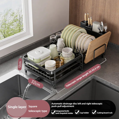 Dishes Drying Rack Adjustable Kitchen Bowl Plates Organizer With Drainboard Countertop Dinnerware Storage Shelf Sink Holder