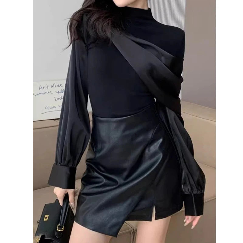 Women Stylish French Luxury Chic Half High Collar Blouses Office Lady Elegant Business Casual Shirts Black Long Sleeve Slim Tops