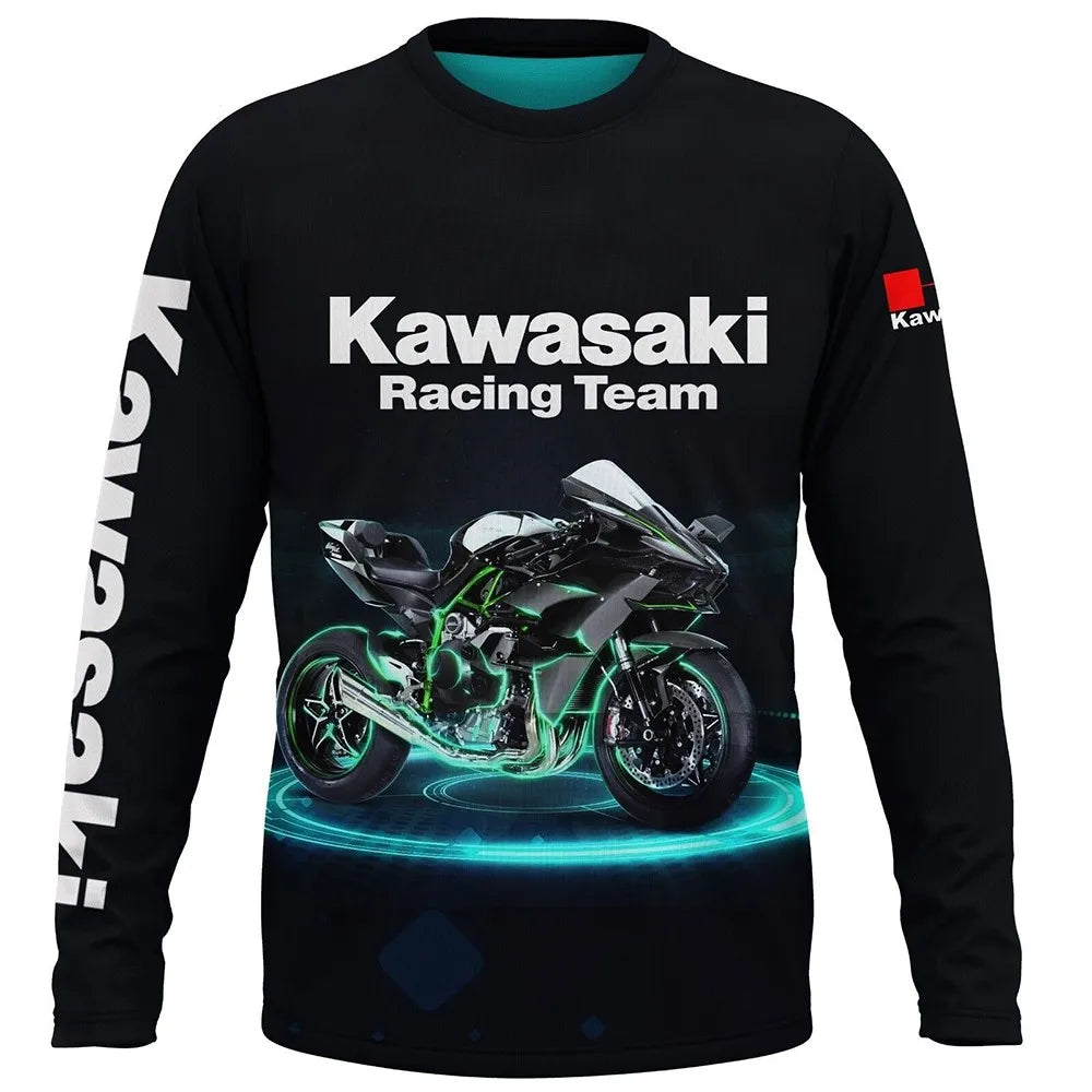 Kawasaki Motorcycle Racing Team Men T-shirt Long Sleeve Spring Autumn Women Tee Shirts 2024 New Sports Children Clothes Tops