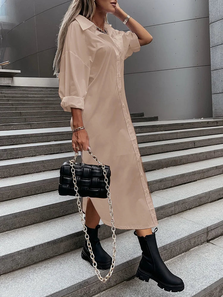 Women Elegant Turn-Down Collar Buttons Party Dress Casual Solid Ladies Maxi Shirt Dresses Spring Long Sleeve Slim Fit Vestidos