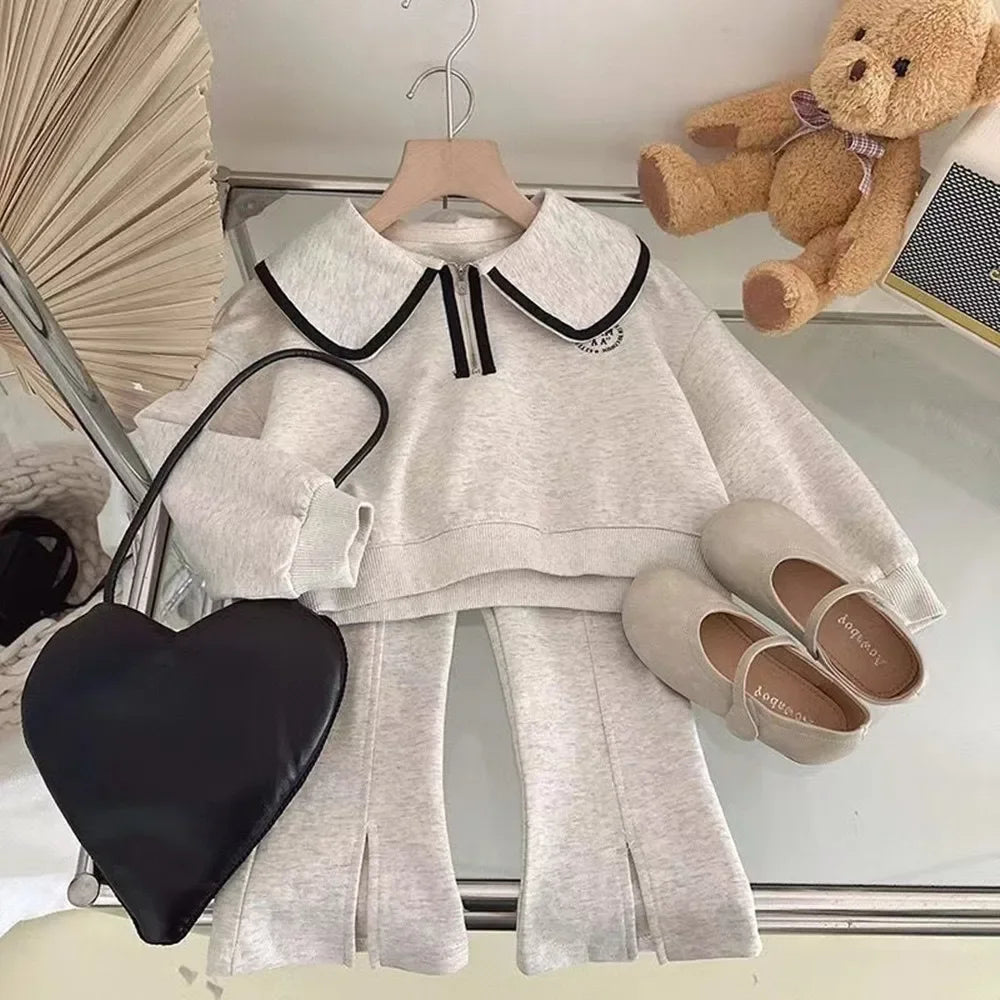 Baby Girls' Sweater Set Spring and Autumn Children's Korean Doll Neck Top+Split Flare Pants 2-PCS Kids Casual Clothing Set