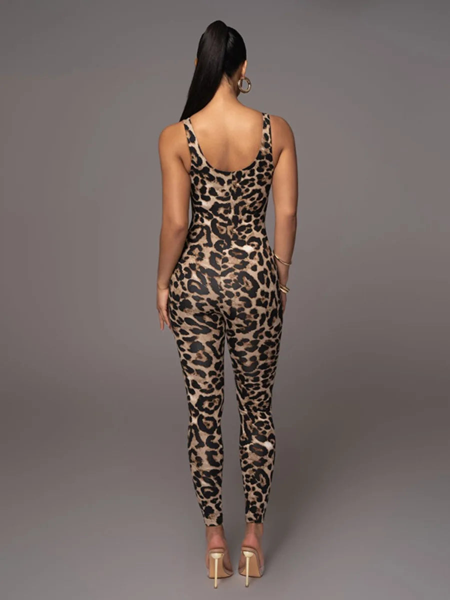 Gymdolphin Women's Sexy Leopard Print Skinny Nightclub Jumpsuit Spaghetti-Neck Yoga Clothes Fitness Coverall Female Club Outfits