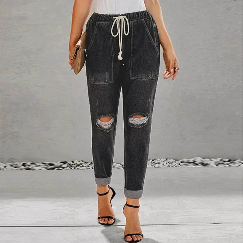 New 2022 Summer Sexy temperament European and American denim straight leg pants with elastic oversized women's jeans ripped