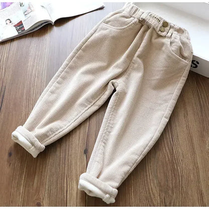 Kids Warm Pants Boy Girls Autumn Winter Corduroy Thick Outer Wear Sports Trousers 3-10Y Children Clothes Casual High Waist Pants