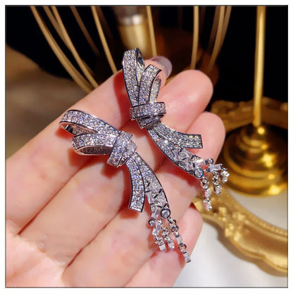 Super Flash Zircon Bow Tassel Pendant Long Earrings Female Temperament All-Match Silver Needle Crystal Earrings Jewelry Gift